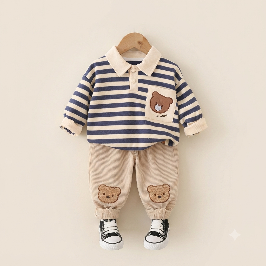 Toddler Striped Polo and Corduroy Bear Pants Set – Hunter Green