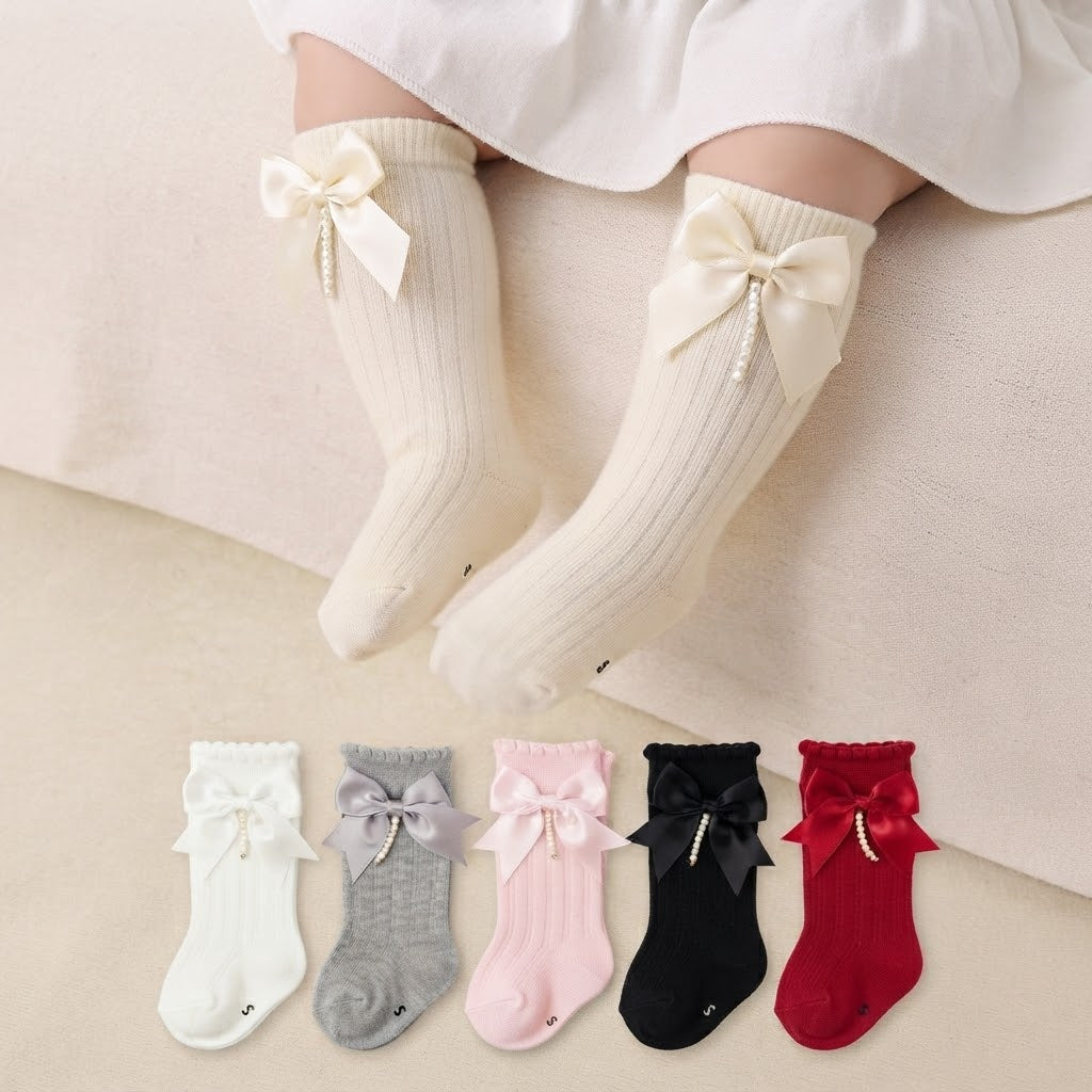Elegant Pearl & Satin Bow Baby Socks