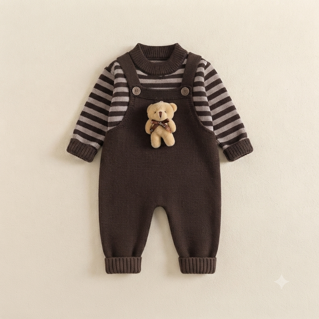 Cozy Bear Accent Striped Knit Baby Romper