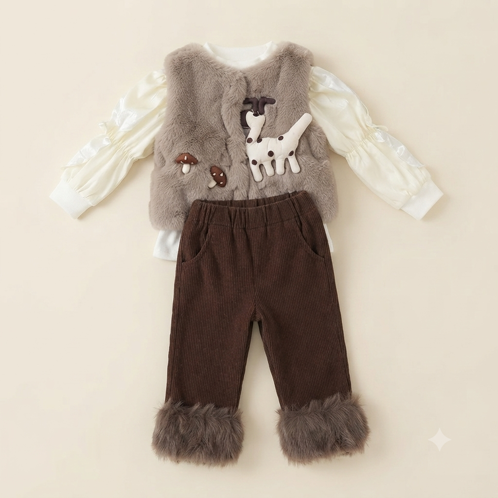Girls Deer Faux Fur Vest Winter Set with Corduroy Pants