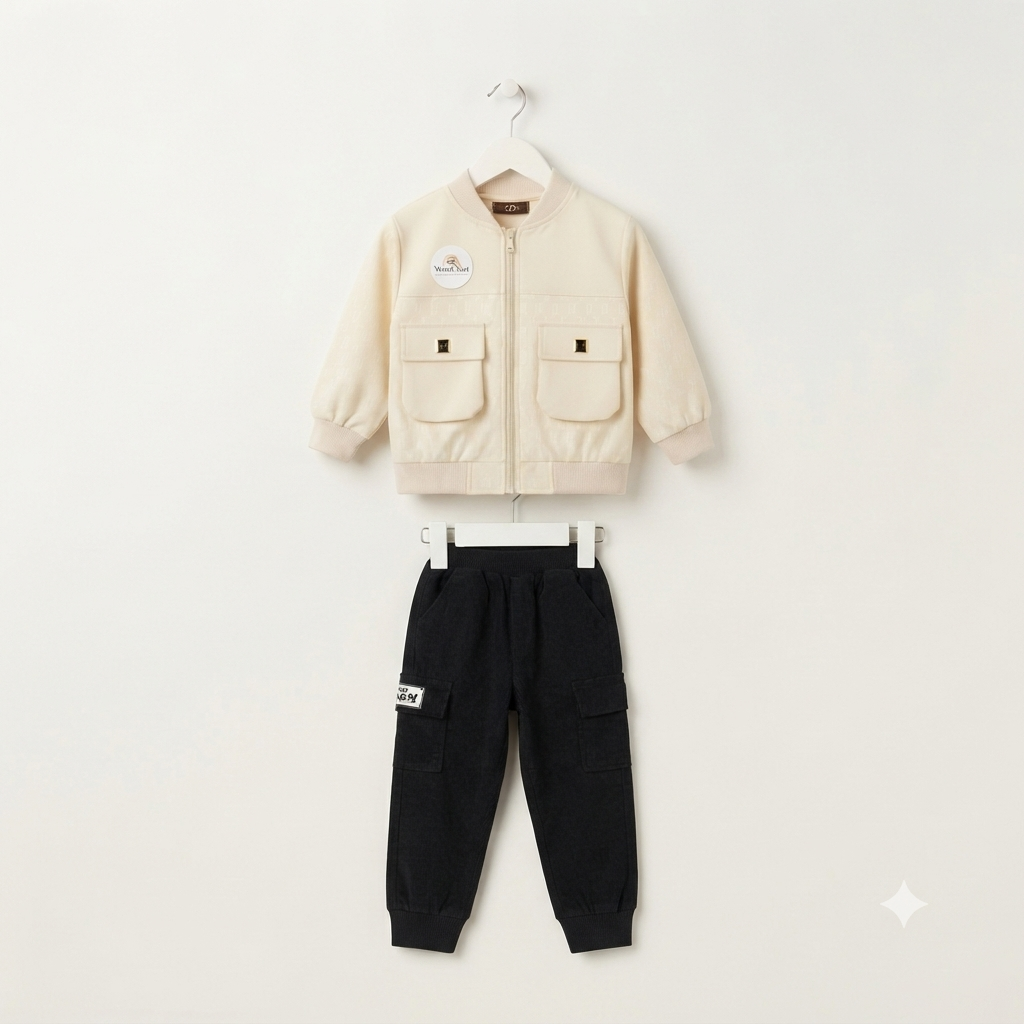 Boys' Faux Leather Monogram Bomber Cargo Set-3 piece