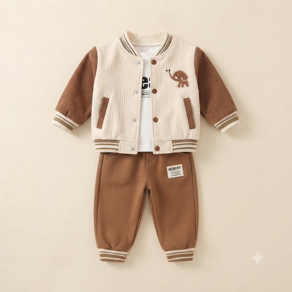 Baby Boy Elephant Print Jogger Set in Brown