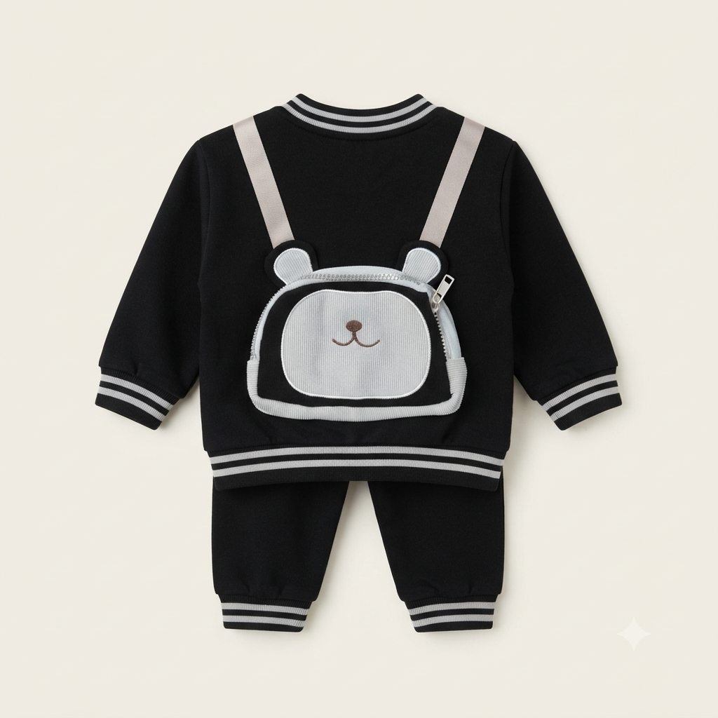 Black Corduroy Varsity Jacket and Pants Tracksuit Set for Boys