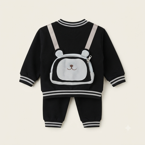 Black Corduroy Varsity Jacket and Pants Tracksuit Set for Boys
