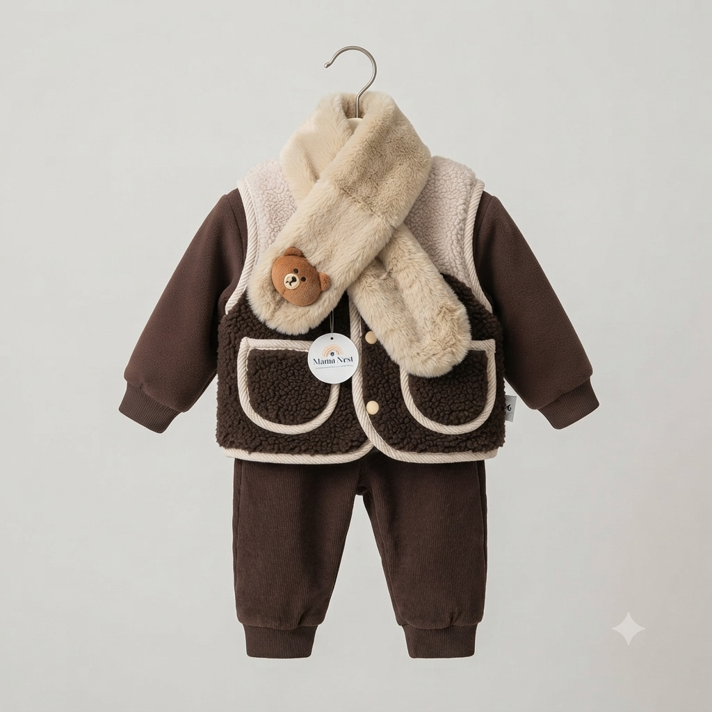 Ultra-Warm Brown Fleece & Sherpa 4-Piece Winter Set with Matching Muffler