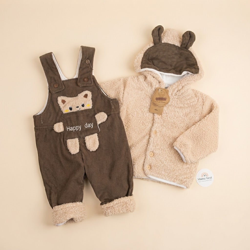 Teddy Bear Hooded Sherpa Jacket & Corduroy romper-Green