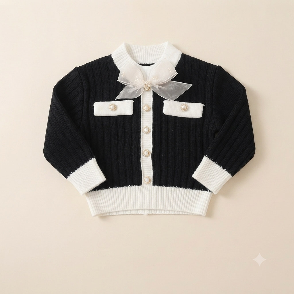 Bow Accent Ribbed Knit Cardigan and Pants Set-Black