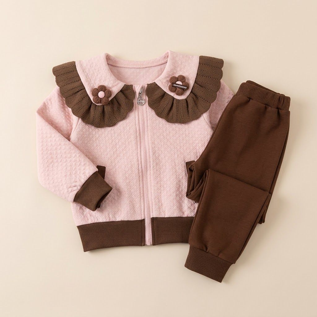 Pink and Brown Ruffle Collar Zip-Up Jacket and Jogger Set