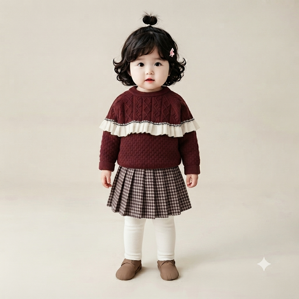 Toddler Girls Cable Knit Sweater and Houndstooth Pleated Skirt Set - Maroon