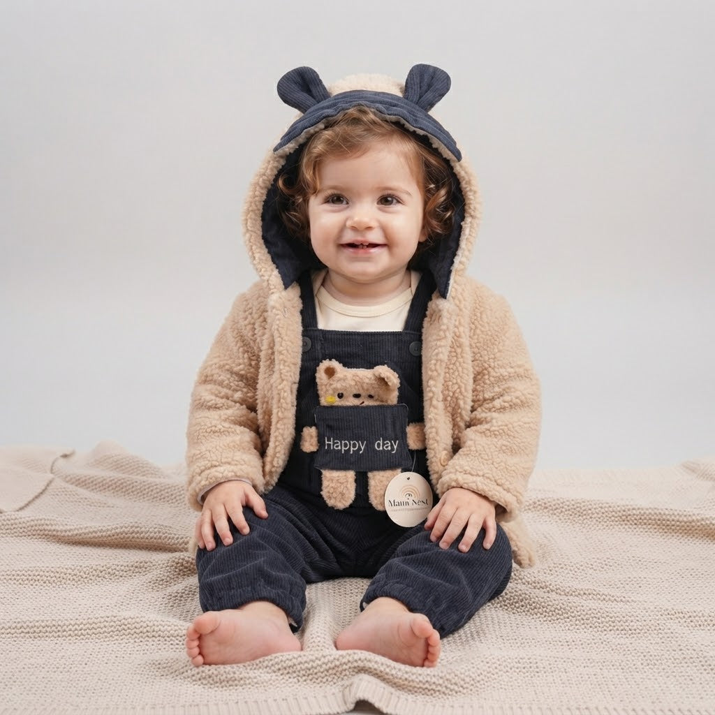 Teddy Bear Hooded Sherpa Jacket & Corduroy romper-Blue