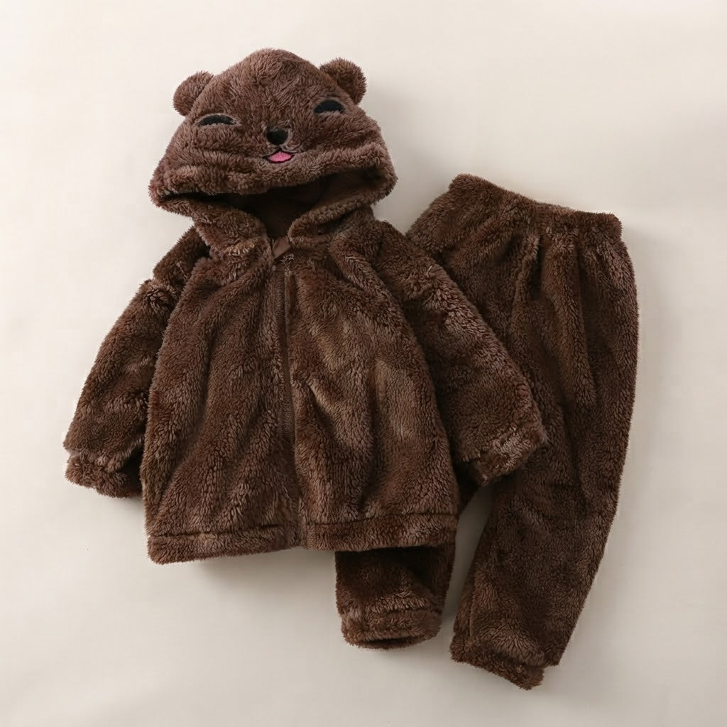 Cozy Brown Bear Fluffy Hooded Winter Tracksuit for Kids