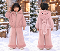 Kids Cute Dinosaur 2-Piece Winter Tracksuit with Faux Fur Trim and Hood-Pink Leather