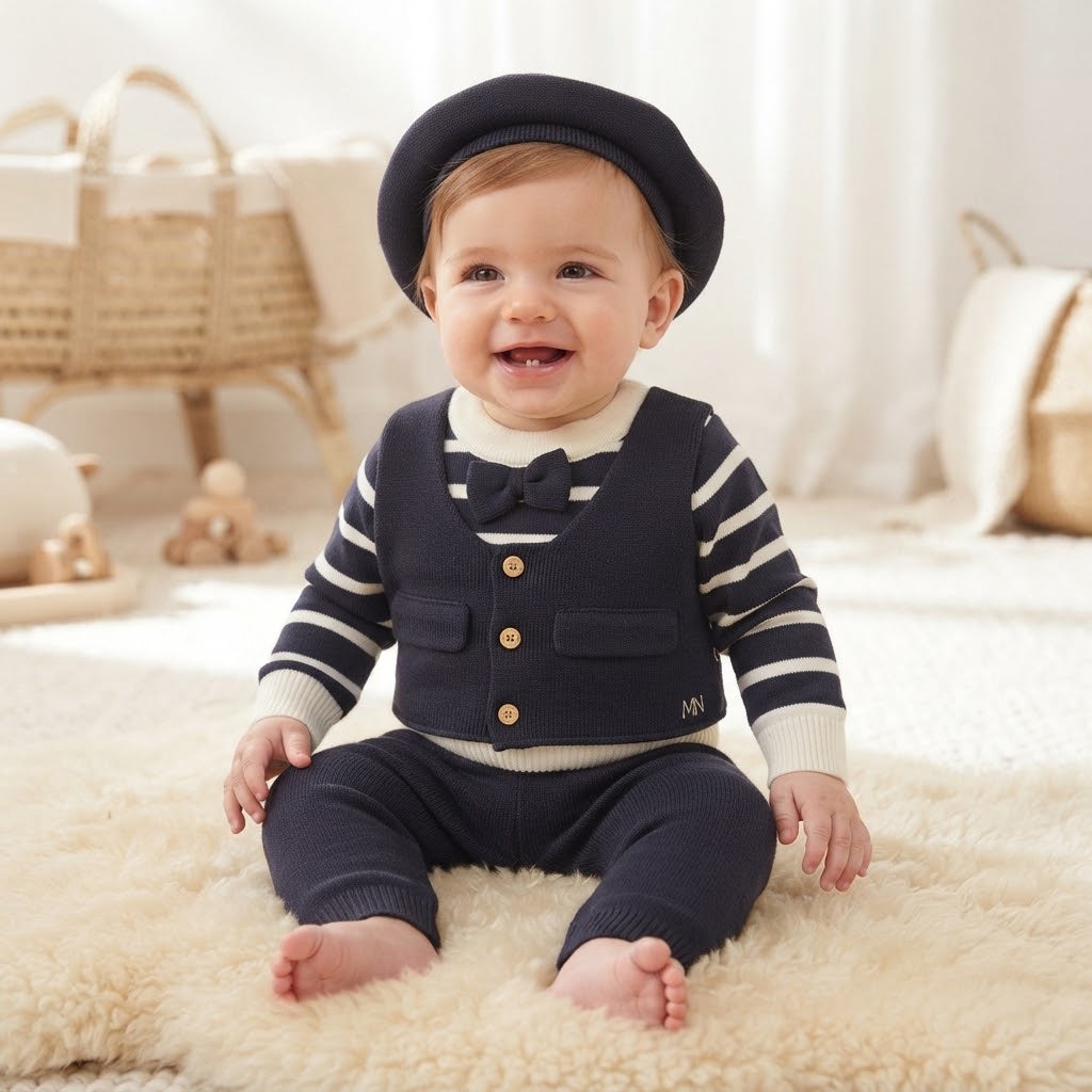 Gentleman Striped Vest & Beret Set- 3 piece