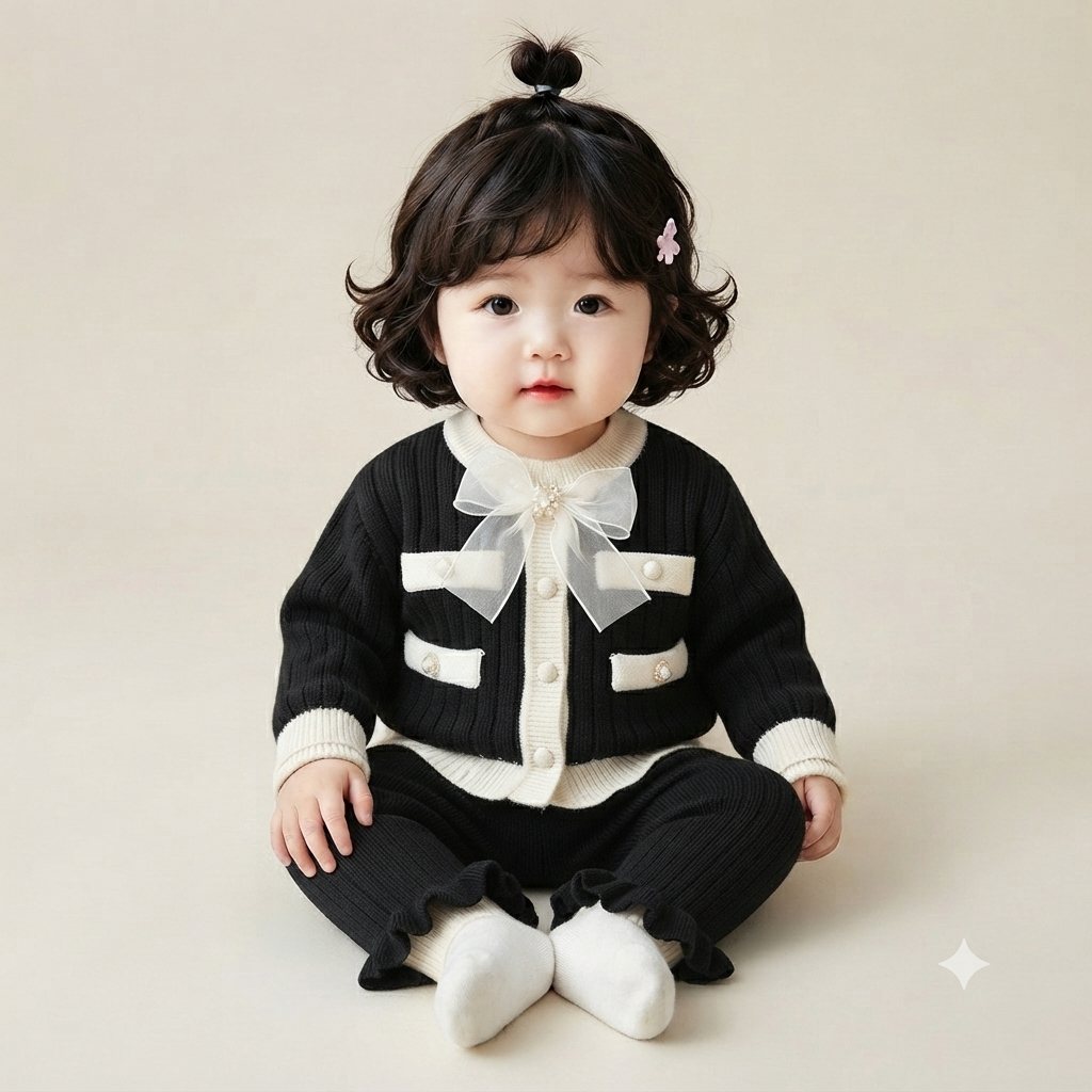 Bow Accent Ribbed Knit Cardigan and Pants Set-Black