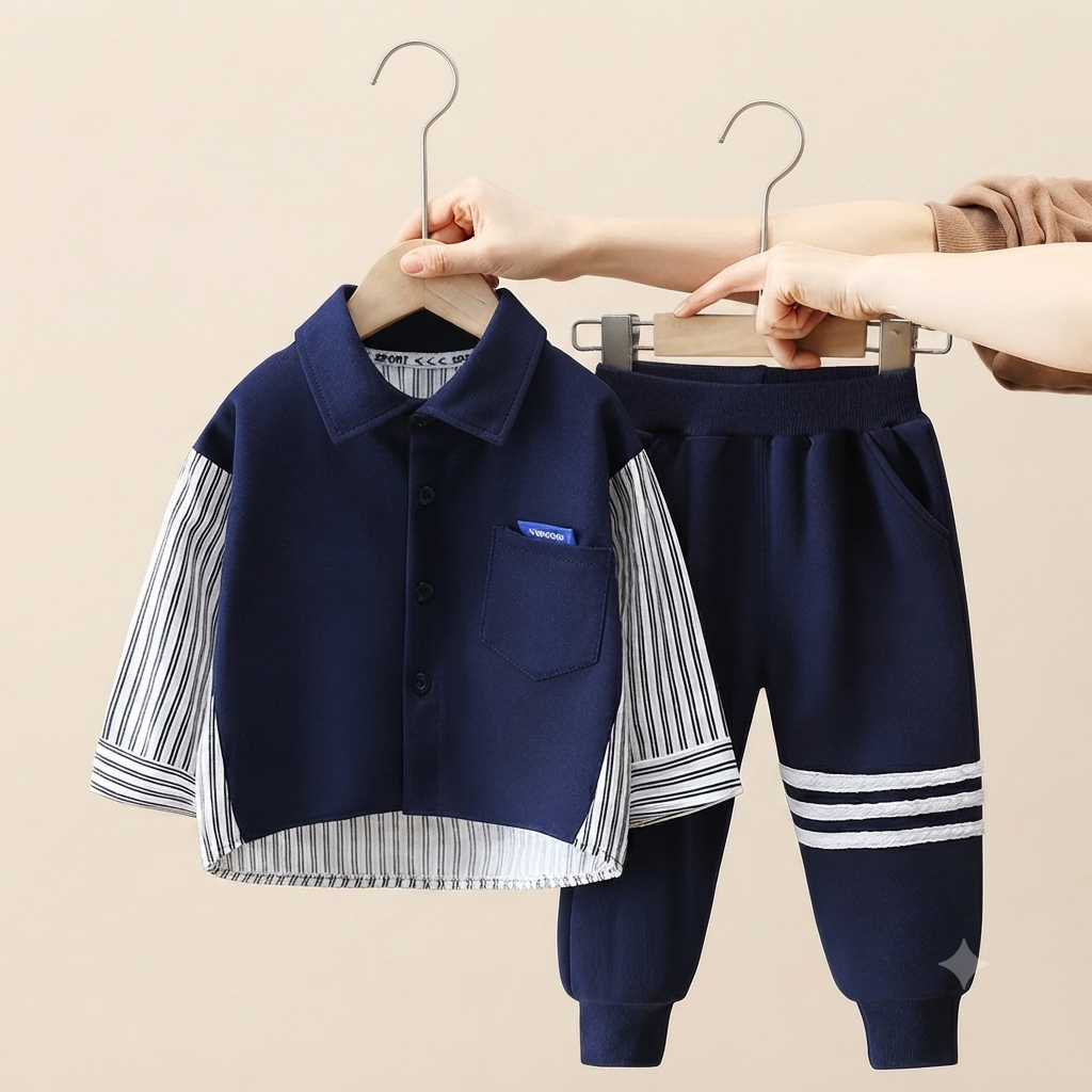 Toddler Striped Sleeve Polo and Jogger Set – Navy Blue