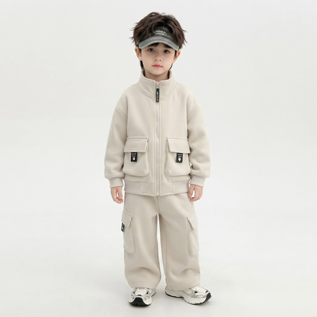 Unisex Kids Fleece Cargo Tracksuit Set-Cream