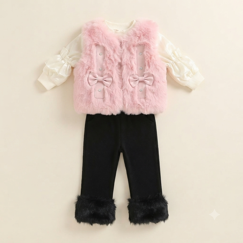 🎀 Pink Faux Fur Vest & Corduroy Winter Set