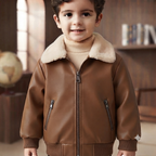 Toddler Faux Leather Bomber Jacket with Sherpa Collar-Brown