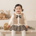 Toddler Girls Faux Fur Vest and Houndstooth Skirt Set- Brown