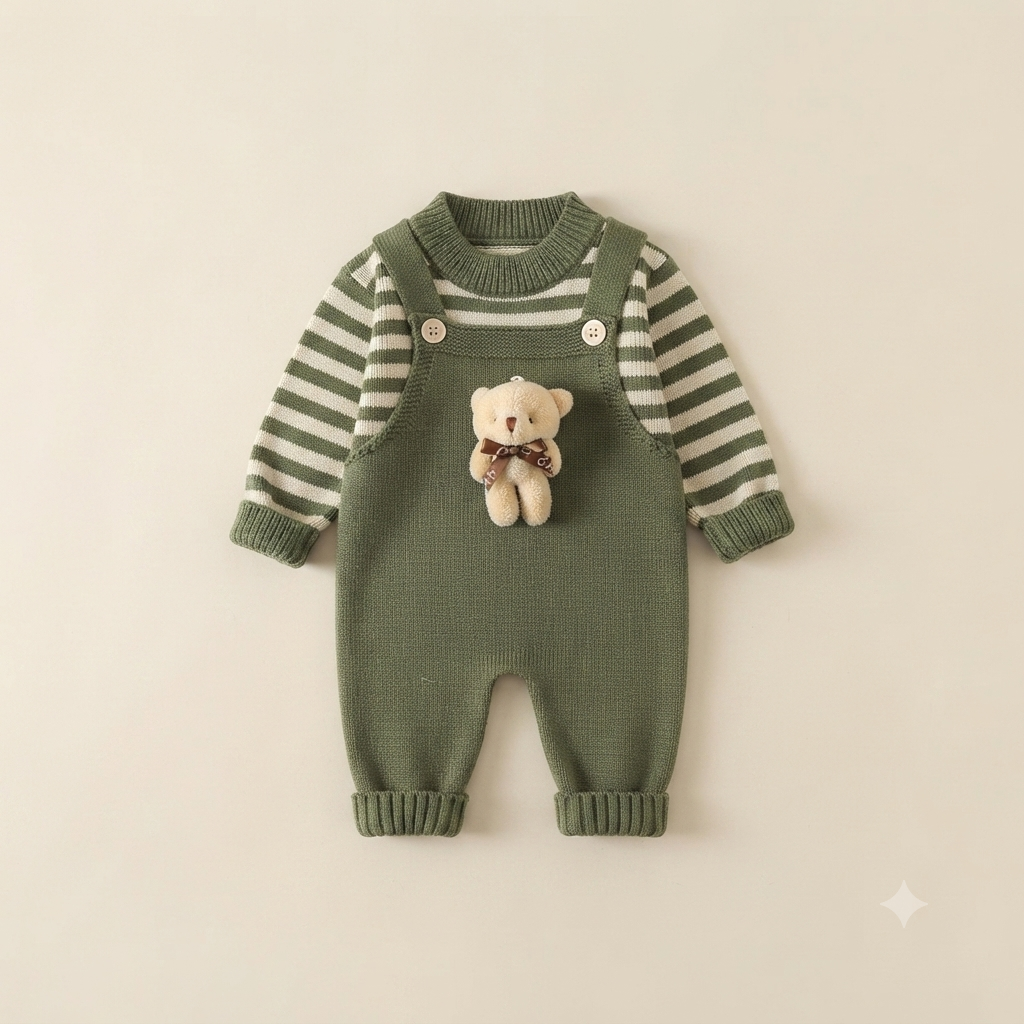 Sage Green Bear Accent Striped Knit Baby Romper