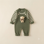 Sage Green Bear Accent Striped Knit Baby Romper