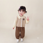 Baby Girl Knit Vest Blouse Corduroy Pants Outfit Set-Beige