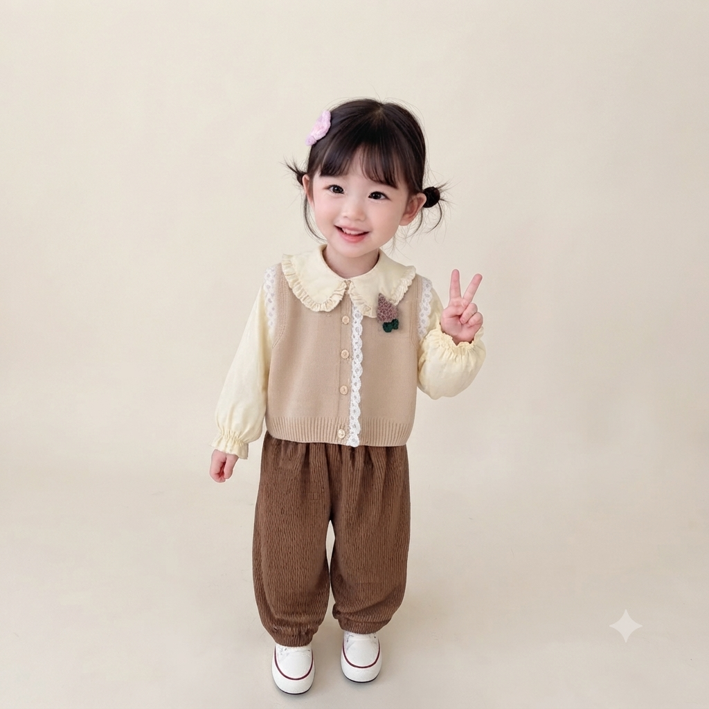 Baby Girl Knit Vest Blouse Corduroy Pants Outfit Set-Beige
