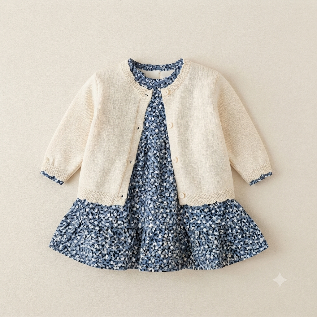 Girls' Fleece-Lined Floral Frock with Knit Cardigan Set