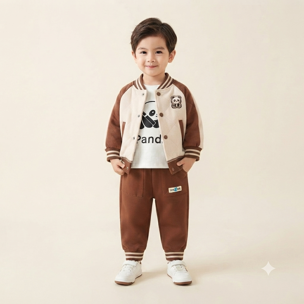 Toddler Boy Brown & Cream Panda Bomber Jacket Outfit Set