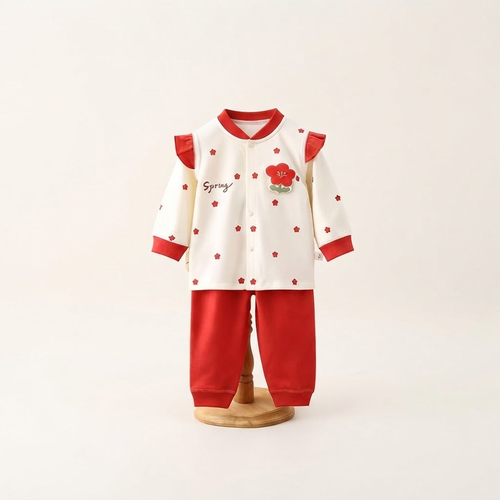 Sweet Spring Floral Ruffle Top & Pants Set Lightweight - Red
