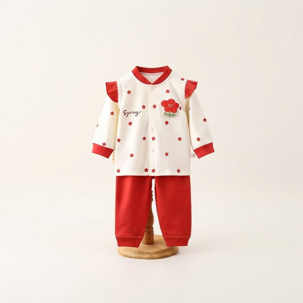 Sweet Spring Floral Ruffle Top & Pants Set Lightweight - Red