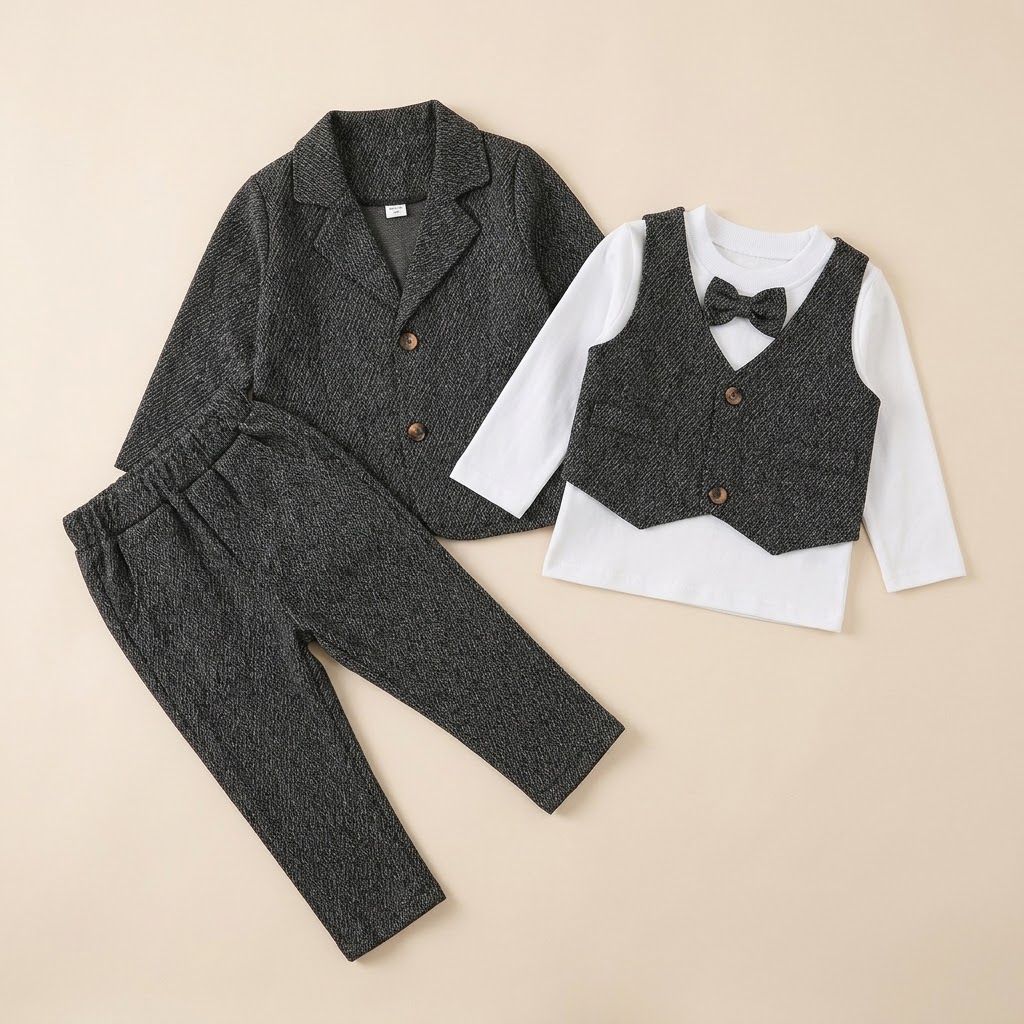 Little Gentleman Plaid Suit & Vest Birthday Outfit-Grey