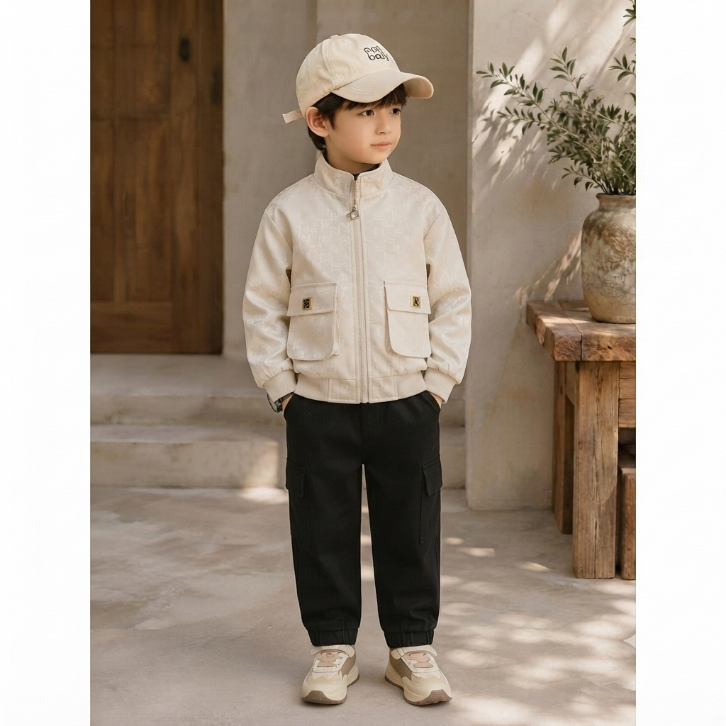 Boys' Faux Leather Monogram Bomber Cargo Set-3 piece