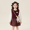 Girls' Two-Piece Knit Vest and Faux Leather Skirt Set with Bunny Bag-Red