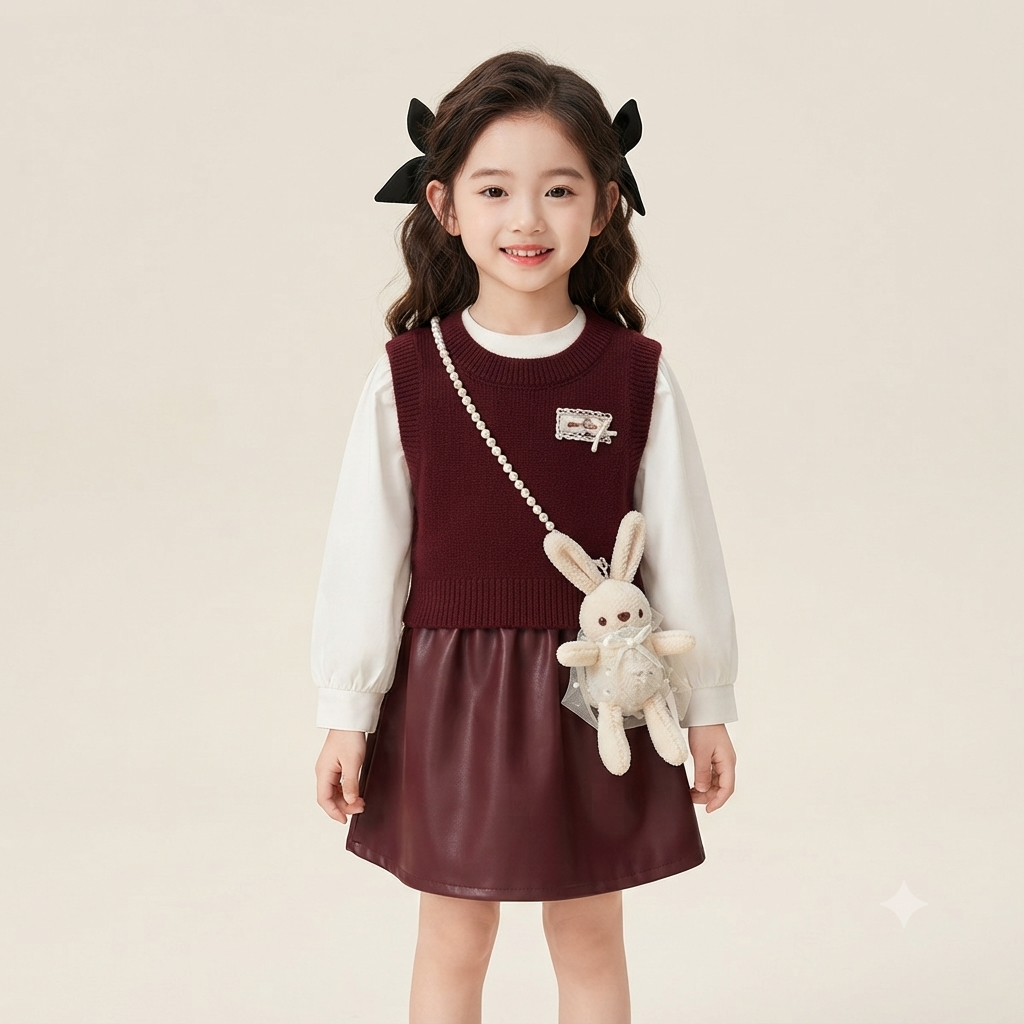 Girls' Two-Piece Knit Vest and Faux Leather Skirt Set with Bunny Bag-Red