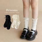 Princess Ruffle & Bow Girls Ankle Socks - Black & white