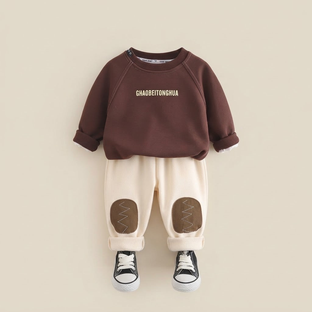 Maroon & Cream Green Kids Letter Print Fleece Sweatshirt and Patch Detail Pants Set