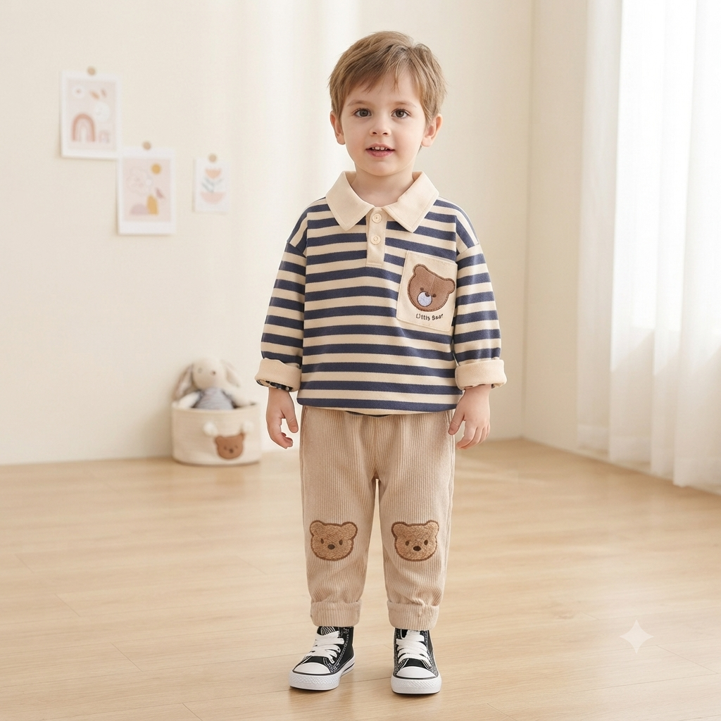 Toddler Striped Polo and Corduroy Bear Pants Set – Hunter Green