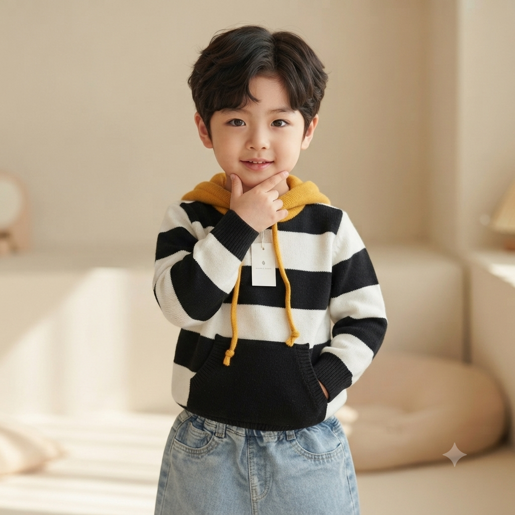 Monochrome Stripe Sherpa-Lined Hoodie & Denim Set