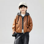 Boys Faux-Leather Zip-Up Jacket with Plaid Hood and Cargo Jeans Outfit- Rust Brown