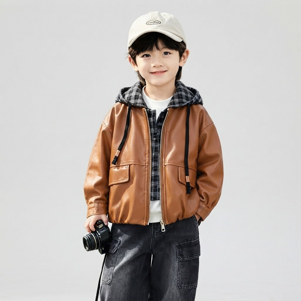Boys Faux-Leather Zip-Up Jacket with Plaid Hood and Cargo Jeans Outfit- Rust Brown