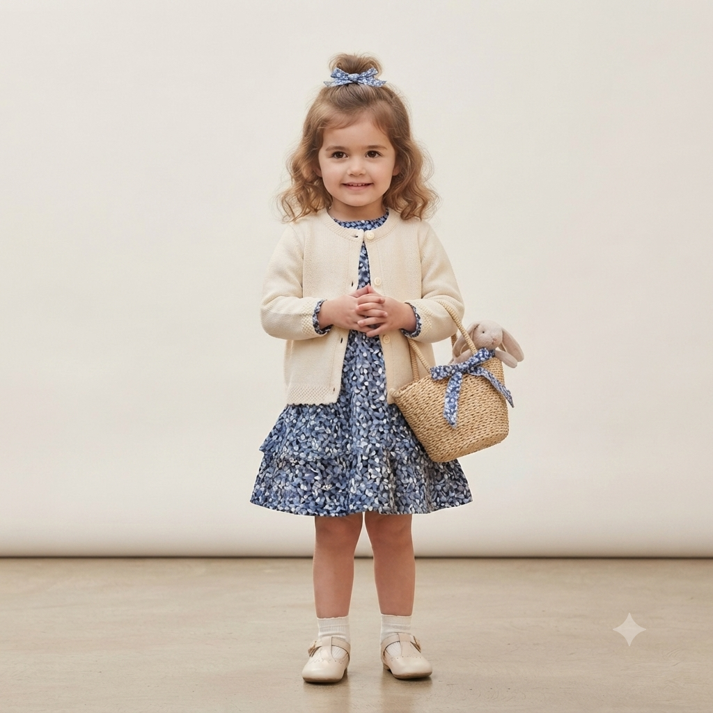 Girls' Fleece-Lined Floral Frock with Knit Cardigan Set