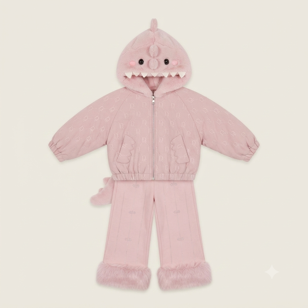 Kids Cute Dinosaur 2-Piece Winter Tracksuit with Faux Fur Trim and Hood-Pink Leather