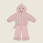 Kids Cute Dinosaur 2-Piece Winter Tracksuit with Faux Fur Trim and Hood-Pink Leather