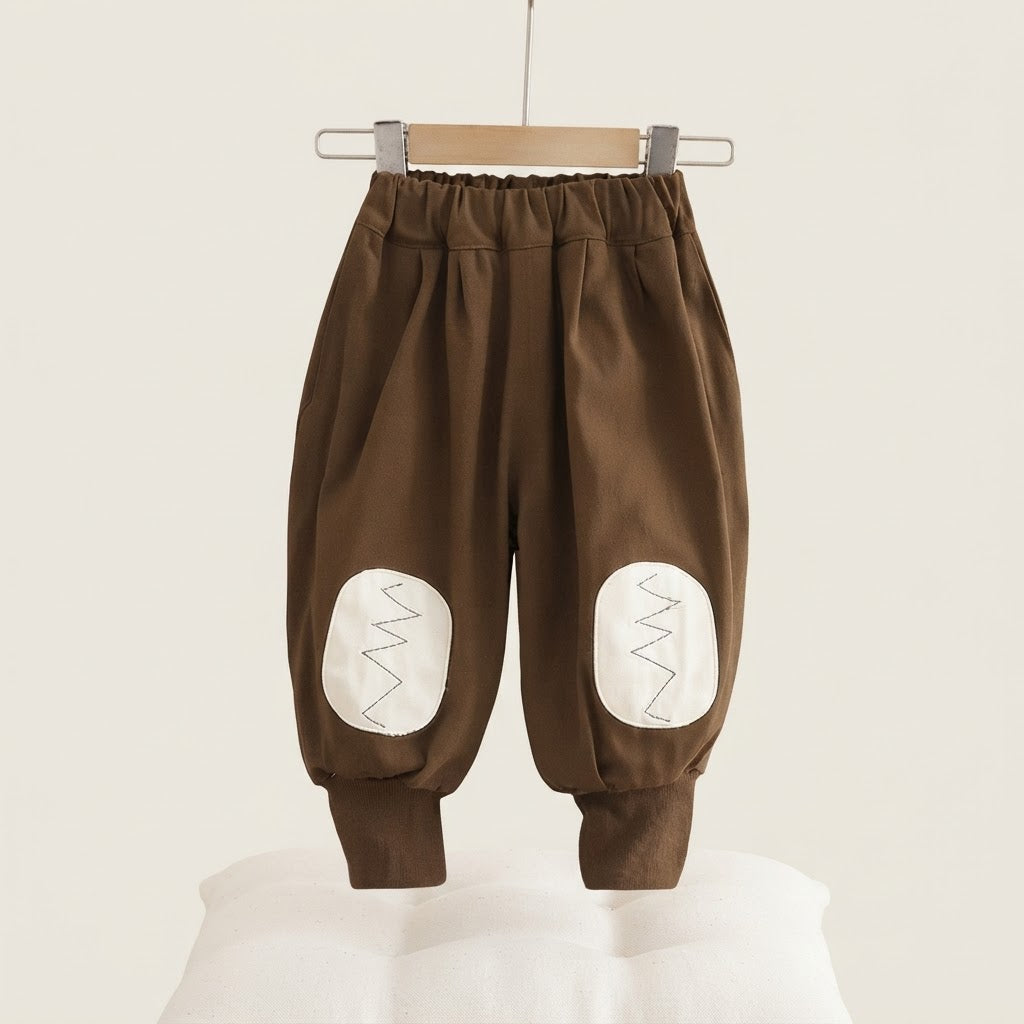 Khaki & Brown Green Kids Letter Print Fleece Sweatshirt and Patch Detail Pants Set