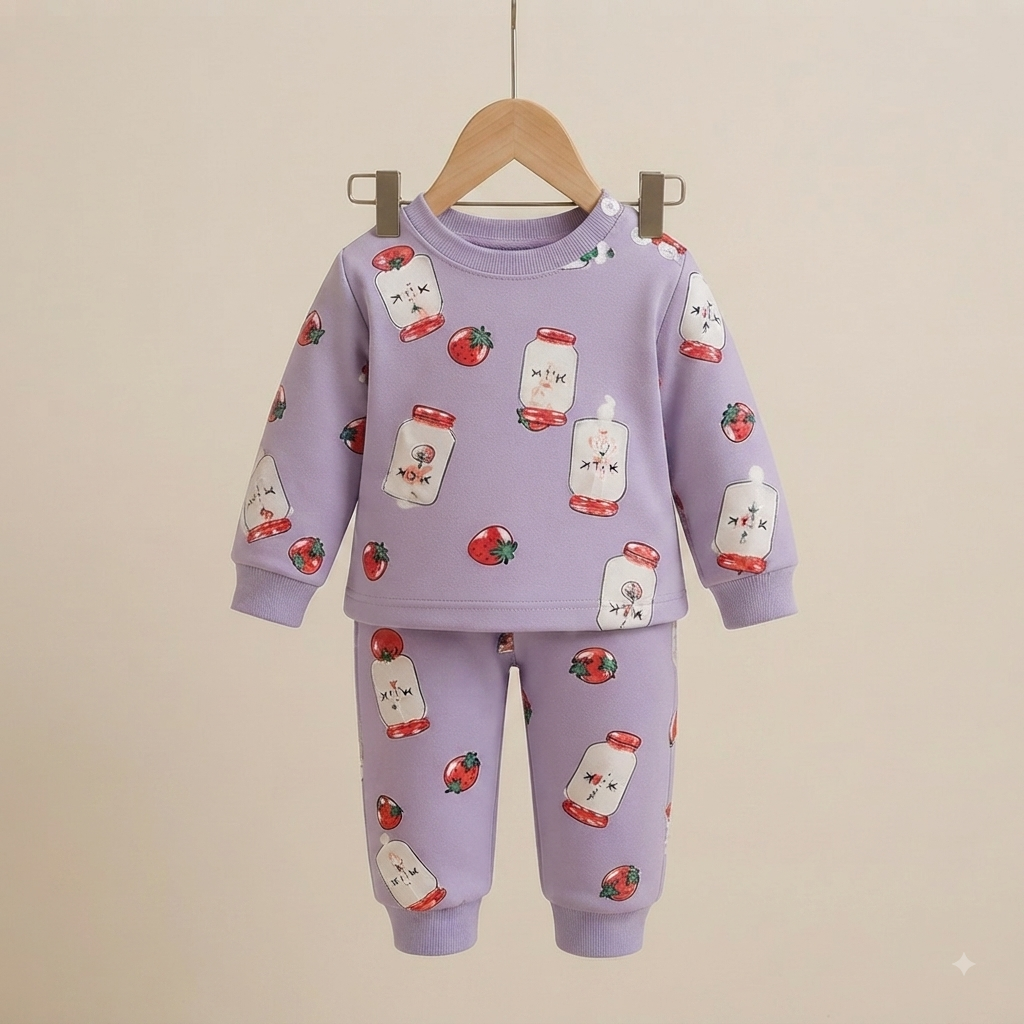 Lilac Strawberry Milk Fleece Set for Kids