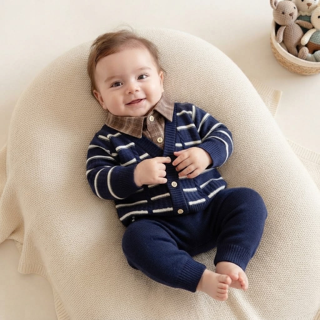 Baby Boy Plaid Collar Knitted Cardigan & Pants Set-Blue