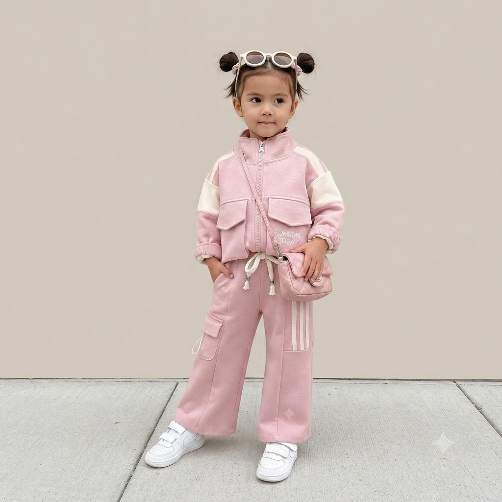Girl's Sporty Pink Colorblock Jogger Set with Pockets