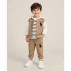 Polo Boy 3-Piece Varsity Jacket, Striped Hoodie, and Jogger Set-Brown