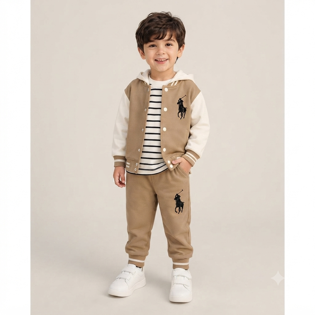 Polo Boy 3-Piece Varsity Jacket, Striped Hoodie, and Jogger Set-Brown